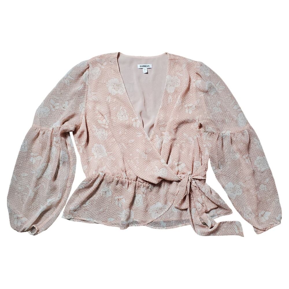 ✨ Express Floral Chiffon Babydoll Top L Pastel Balloon Sleeve Wrap